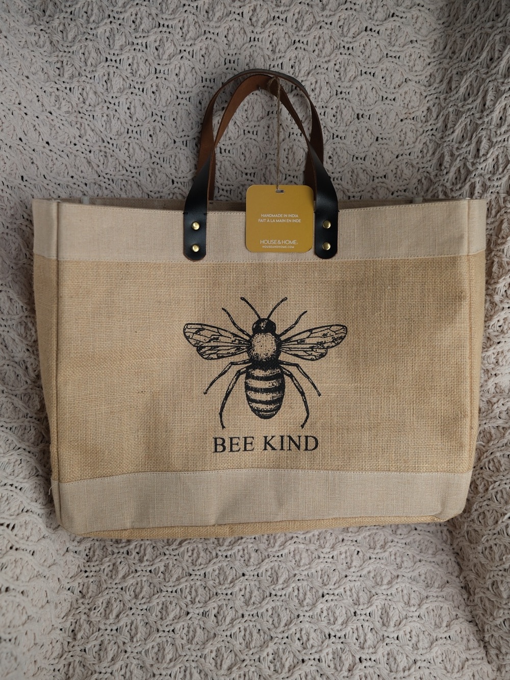 HOUSE & HOME Bee Kind Jute Market Tote Genuine Leather Handles